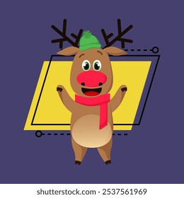 Cheerful reindeer in hat and scarf waving hooves. Winter, happy, cheerful. Festive concept. Can be used for topics like welcoming, December, character