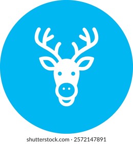 A cheerful reindeer icon on a serene blue background, featuring festive antlers and a warm smile. This playful design adds a touch of holiday magic, perfect for Christmas themes and seasonal decor.