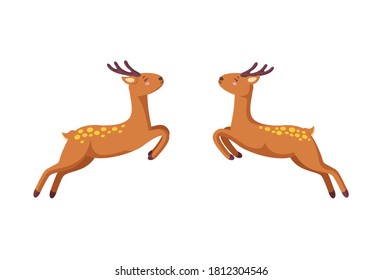 Cheerful reindeer jumping to each other. Woodland deer in cute cartoon style. Isolated vector illustration