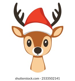 A cheerful reindeer wearing a red Santa hat celebrating the holiday spirit in a festive and playful illustration style