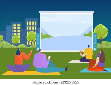 Cheerful relaxing outdoor cinema time spend, people character together watch movie, urban park place flat vector illustration.
