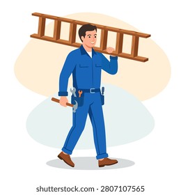 A cheerful repairman in a blue work uniform carries a wooden ladder on his shoulder. He wears a tool belt equipped with a hammer, wrenches, and a screwdriver. This illustration depicts a handyman ready for home maintenance tasks.