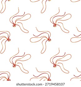 Cheerful repeating design with red decorative rope in a naive style on a white square background. Use for Christmas, New Year, birthdays, wallpaper, templates, printed materials, fabrics, and more.