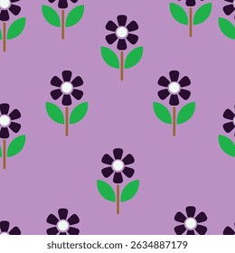A cheerful repeating pattern featuring dark purple flowers with white centers and vibrant green leaves on a soft lavender background. This charming design is ideal for textiles, stationery.