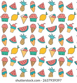 A cheerful repeating pattern featuring watermelon, pineapple, ice cream, lemon, and cupcakes on a white background.