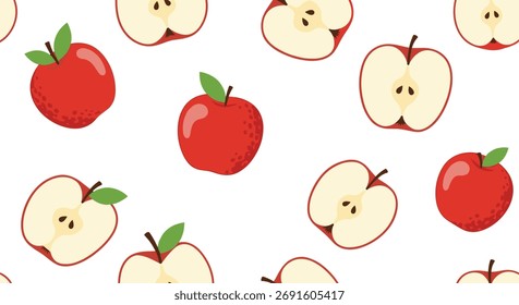 Um padrão repetitivo alegre de maçãs vermelhas e fatias de maçã sobre um fundo branco.