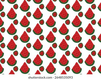 A cheerful, repeating pattern of watermelon slices on a white background, perfect for summer designs.