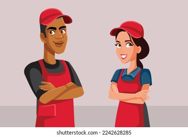 
Cheerful Retail Workers Greeting Customers with a Smile Vector Cartoon. Happy supermarket employees standing and smiling 
