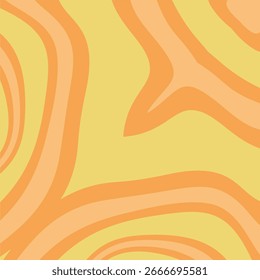 A cheerful retro background featuring a groovy, abstract pattern of thick, curved orange stripes on a sunny yellow base, evoking a stylized wood grain or contour map.