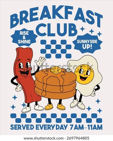 Cheerful retro breakfast mascots with bacon, pancakes, and egg. Perfect vector for café merch, POD, posters, stickers, and kitchen decor. Print-ready