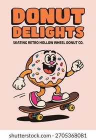 A cheerful retro cartoon donut character, complete with colorful sprinkles, happily rides a skateboard. This vintage inspired illustration