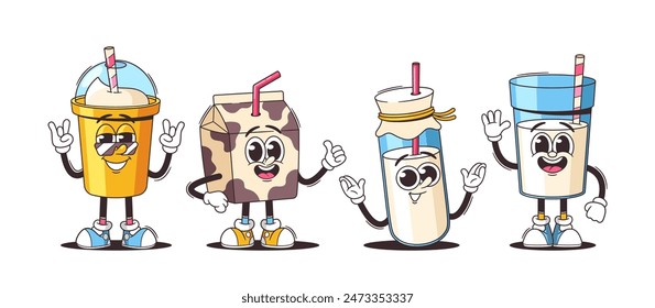 Cheerful Retro Cartoons Of Various Dairy Products Including Milkshake, Carton Box, Bottle And Yogurt Animated Characters