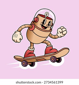 Fröhliche Retro Zukunft Roboter Messenger auf Hoverboard Vintage Gummi Schlauch Vektorgrafik