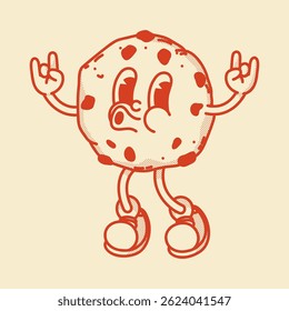 Cheerful retro mascot cookie character with hands in rock sign. Home backery symbol, menu design