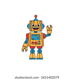 Cheerful retro robot character designed with bright colors, perfect for playful themes. This colorful illustration showcases a friendly robot waving, ideal for children’s art projects or designs.