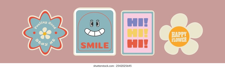 Cheerful Retro Sticker Vector Set with Smiling Face, Flower Power, Positive Messages, and Happy Flower for Fun Vintage Designs

