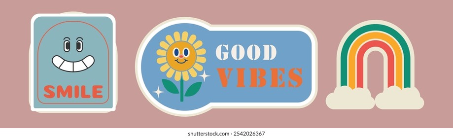 Conjunto de Vector de pegatina retro alegre con cara sonriente, girasol de buenas vibraciones y arco iris para Diseños positivos e inspirados en Antiguas

