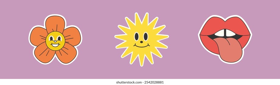 Conjunto de Vector alegre de la etiqueta engomada retro con la flor sonriente, la cara soleada, y los labios juguetones para los Diseños divertidos y positivos de Antiguas

