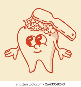 Cheerful retro tooth mascot getting brushed with foamy toothpaste. Vintage dental care illustration for clinics and oral hygiene brands