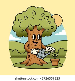 Alegre Naturaleza nutritiva de carácter de árbol retro: ilustración de crecimiento ecológico