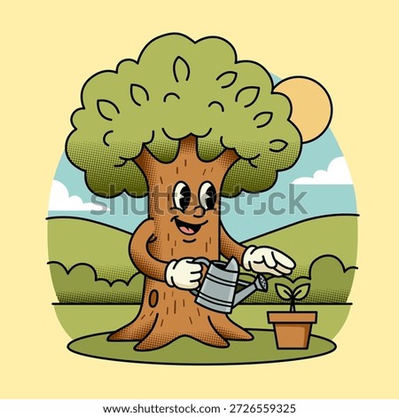 Cheerful Retro Tree Character Nurturing Nature: Eco-Friendly Growth Illustration