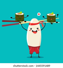 Cheerful rice holds chopsticks and rolls sit on them. Vector illustration in cartoon kawaii style. Flat