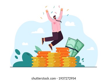 Cheerful rich banker jumping and celebrating trade success flat vector illustration. Cartoon happy businessman getting salary or income. Market growth and finance concept