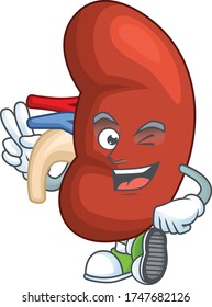 Cheerful right human kidney mascot design with two fingers