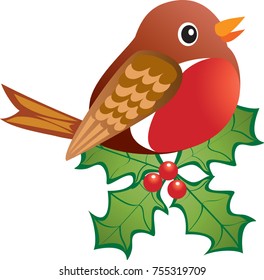 A cheerful robin redbreast perched on holly with red berries