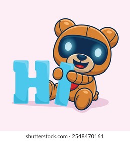 Cheerful robot bear holding large 'HI' letters with a welcoming gesture ,vector illustration.