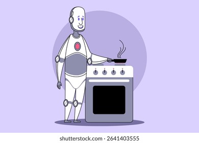 Cheerful robot chef standing beside stove, expertly holding frying pan with steam rising against purple background