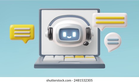 Fröhlicher Roboter mit Kopfhörern und Sprechblasen auf einer offenen Laptop-3D-Vektorillustration, perfekt für Kundenservice-Chatbot-Visuals. Cartoon-Stil auf isoliertem Hintergrund.