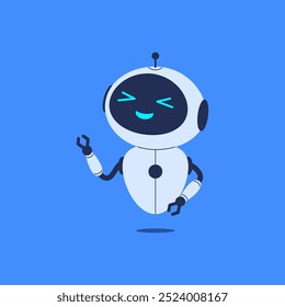 Cheerful robot looking and pointing up. Vector illustration for tech-themed designs, AI concepts, and playful, futuristic projects