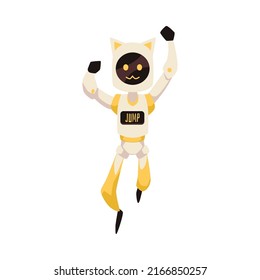 Alegre mascota robot con orejas de gato saltando, ilustración vectorial plana aislada en fondo blanco. Personaje feliz de inteligencia artificial con pantalla de mensaje en el pecho.