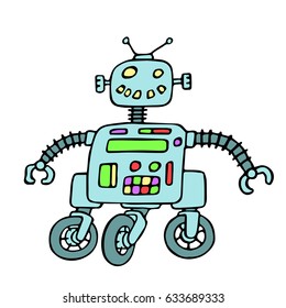 Cheerful robot on wheels vector illustration. Original cartoon retro blue character.