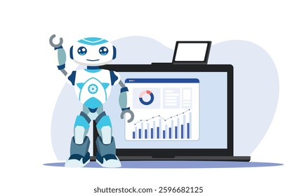 Cheerful robot presents data analytics on a laptop screen with a second laptop behind, ideal for illustrating AI technology and business solutions.