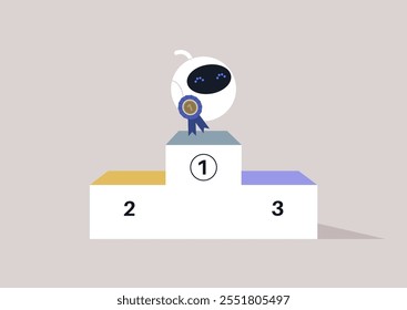 A cheerful robot proudly stands on the top of a three-tiered podium, holding a shiny medal, symbolizing victory in a playful competition celebrating technological advances