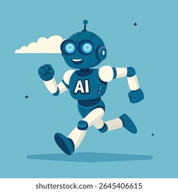 Cheerful robot is running on blue background. Text AI on chest. Cartoon style. Vector illustration. Artificial intelligence, motion, and technological progress.