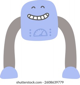A cheerful robot with a smiling face and long arms in a minimalist cartoon style. The robot's simple design includes a gauge on its body and expressive features. Cartoon vector illustration.