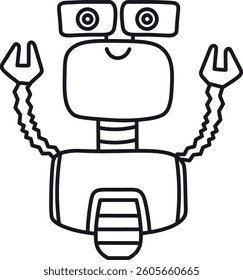A cheerful robot with square eyes and antenna-like arms in a simple line art style. Smiling mechanical figure with a rectangular body and articulated limbs. Cartoon vector illustration.