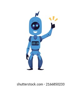 Robot alegre que apoya y elogia por buen trabajo, ilustración vectorial plana aislada en fondo blanco. Asistencia de mascota robótica que muestra la señal del pulgar. Personaje de dibujos animados de un bot de chat.