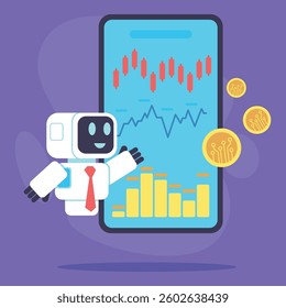 Cheerful robot with tie gesturing towards smartphone displaying financial charts and currency symbols. Tech theme concept