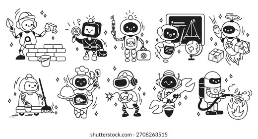 Robôs alegres retratados em várias profissões, incluindo construtor, médico, cientista e bombeiro em estilo cartoon preto e branco. Perfeito para ilustrações técnicas.