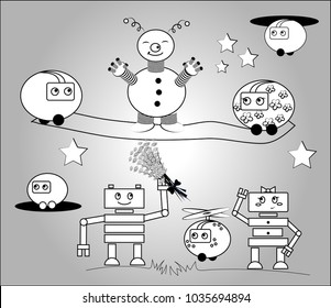 Cheerful robots of different shapes give each other flowers on a gray background