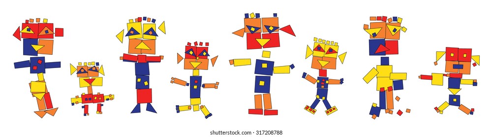 cheerful robots men on white background