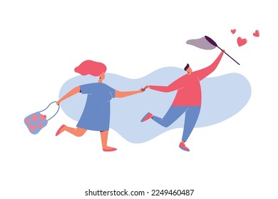 Cheerful romantic flat vector illustration for valentine's day in joyful bright colors. Congratulatory gift card for lover. Young couple runs and catches heart. Man holding female hand. Greeting. Love