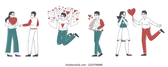 Cheerful romantic people in love sharing and giving hearts. Love sharing, valentines day love letters, men and women giving hearts flat vector illustrations on white background