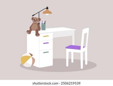 A cheerful child’s room features a clean desk with a teddy bear and colorful beach ball, inviting creativity and play