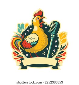 alegre canto de gallo en micrófono retro, emblema, logo