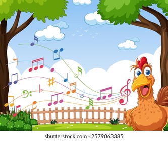 A cheerful rooster surrounded by colorful musical notes